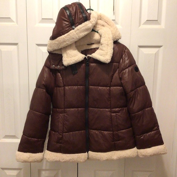 Jessica Simpson Womens Brown Hooded Faux Fur Puffer Coat Jacket Size Medium - Picture 1 of 13